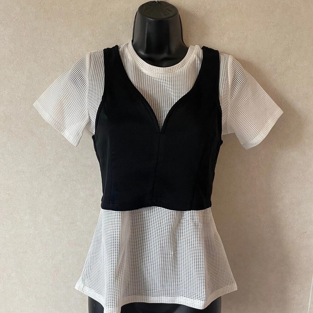 Dance&Marvel Top Layered Mixed Media Inner White Mesh Short Sleeve Black Crop S